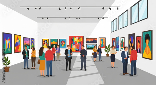 Art Gallery Exhibition with Diverse Visitors Admiring Paintings.