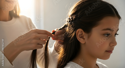 Woman styling young girls long hair.