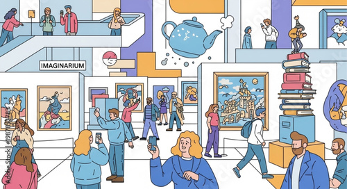 Art Gallery Exhibition with Diverse Visitors Admiring Paintings and Sculptures.