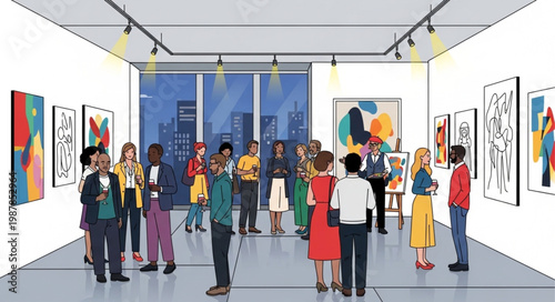 Art Gallery Exhibition with Diverse Visitors Admiring Paintings.