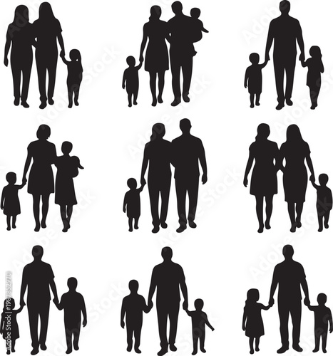 Black silhouettes of families in walk, vector