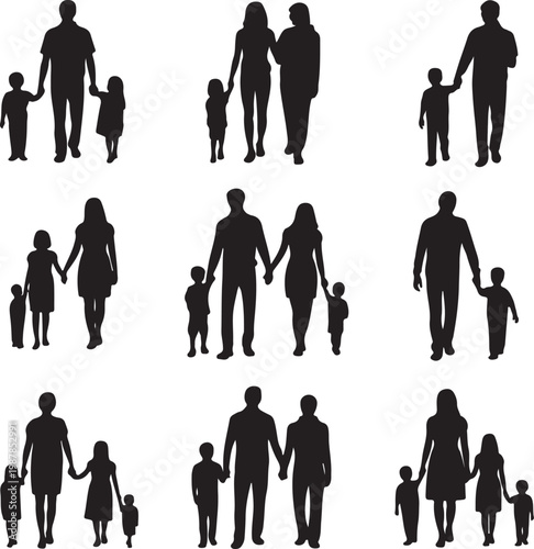 Black silhouettes of families in walk, vector