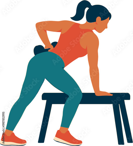 Woman Performing Single Arm Dumbbell Row on Bench Workout