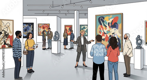 Art gallery exhibition with diverse visitors and guide discussing paintings.