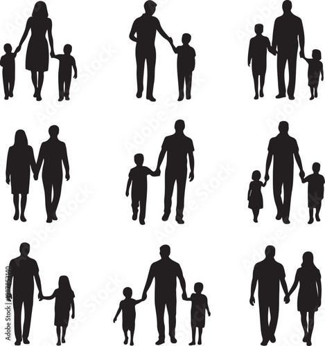 Black silhouettes of families in walk, vector