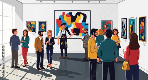 Art Gallery Exhibition with Diverse Visitors Viewing Modern Paintings.