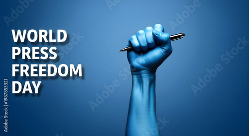 Powerful blue fist holding a pen symbolizing press freedom and journalistic rights on special day