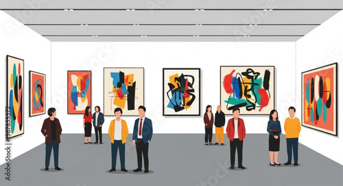 Art gallery exhibition with diverse visitors viewing paintings.
