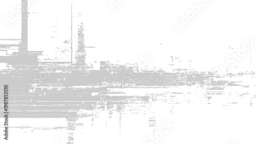 Glitchy distorted digital image with grey pixels and lines on white background