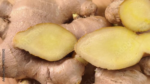 Sliced ginger root showing its pale yellow interior