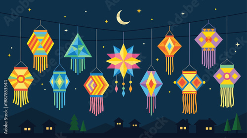 Bright and festive flat illustration of traditional Vesak lanterns, symbolizing light and enlightenment in Buddhist celebrations.