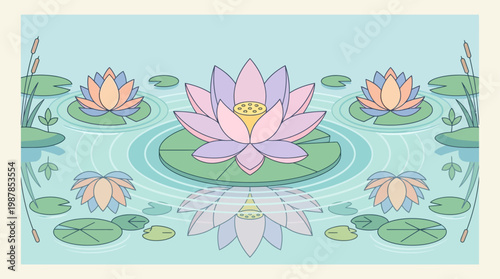 Elegant flat vector illustration of lotus flowers representing purity and enlightenment for Vesak Day celebration themes.