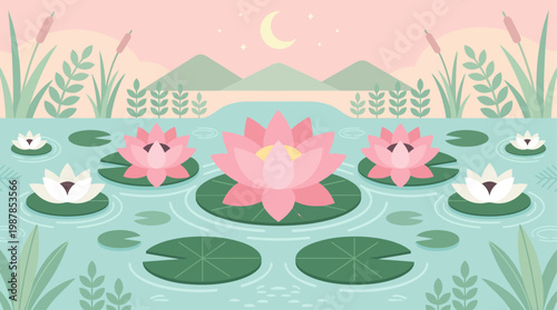 Elegant flat vector illustration of lotus flowers representing purity and enlightenment for Vesak Day celebration themes.
