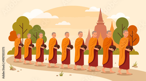 Simple flat illustration of Buddhist monks walking for alms giving, representing humility and tradition during Vesak Day.