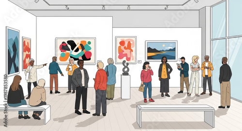 Art Gallery Exhibition with Diverse Visitors Viewing Paintings and Sculptures.