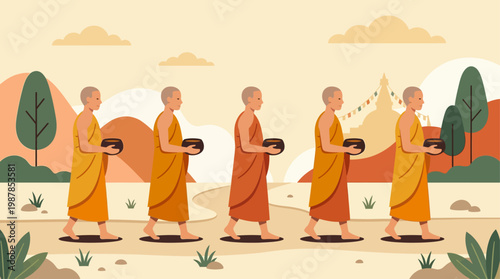 Simple flat illustration of Buddhist monks walking for alms giving, representing humility and tradition during Vesak Day.