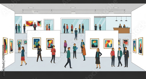 Art gallery exhibition with diverse visitors viewing paintings on walls.