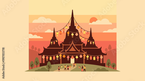 Minimal flat vector illustration of a Buddhist temple decorated with lanterns, perfect for Vesak celebration visuals.