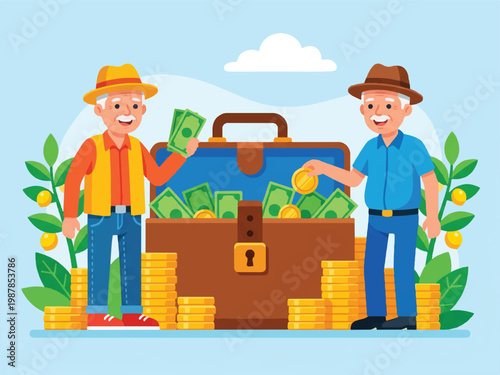 Two old men standing with a briefcase full of money and gold coins and dollar bills surrounded by stacks of coins and lemon trees growing out of coins on a blue background with a cloud