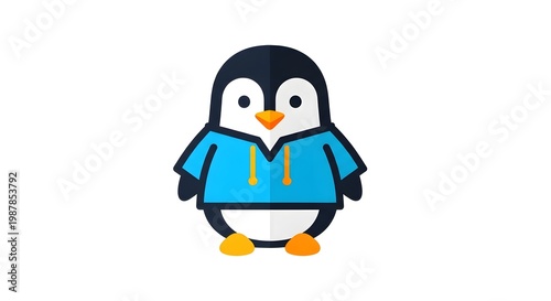 Cute cartoon penguin wearing a blue hoodie on white background