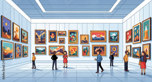 Art Gallery Exhibition with Visitors Admiring Paintings.