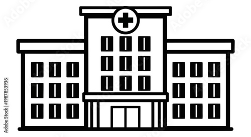 Line art illustration of a hospital building with a medical cross symbol
