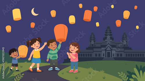 Joyful flat vector illustration of children releasing lanterns, celebrating Vesak Day with happiness and light.
