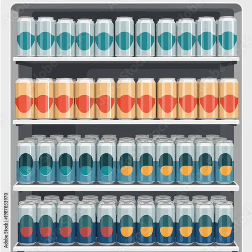 A front-view vector illustration of a refrigerator interior featuring four shelves stocked with neatly organized aluminum soda cans with colorful blue, red, and orange labels.