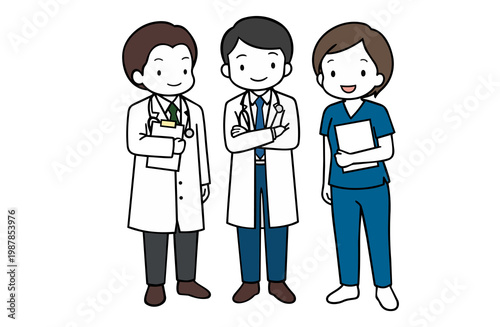 Medical team consisting of two doctors and a nurse smiling