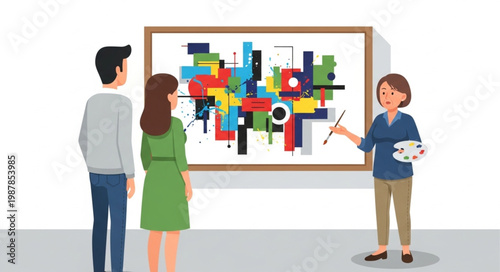 Art gallery exhibition with visitors and artist explaining artwork.