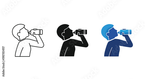 A versatile vector graphic illustration featuring a person drinking water from a bottle, presented in three distinct styles for diverse design projects.