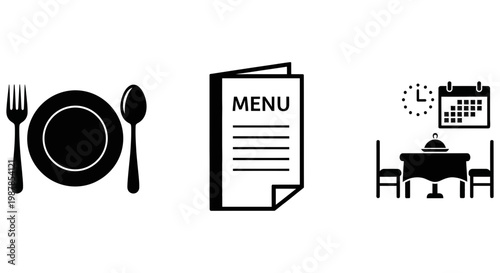 Black restaurant icons showing plate cutlery menu and table booking