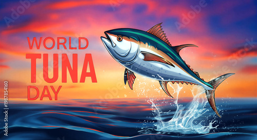 Vibrant illustration of a leaping bluefin tuna fish celebrating world tuna day with sunset ocean background