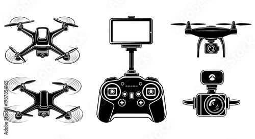 Black and white icons showing aerial drones and remote controllers