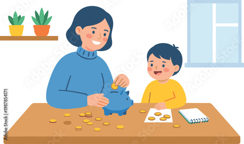 Woman and child saving coins in piggy bank on table indoors