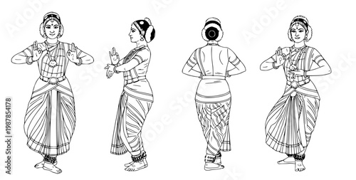 Traditional Indian Classical Dance Poses Depicting Various Hand Gestures and Body Positions in a Step-by-Step Visual Guide