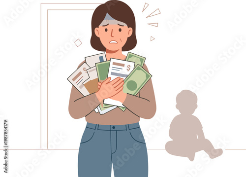Woman holds money bills worried face child sits background