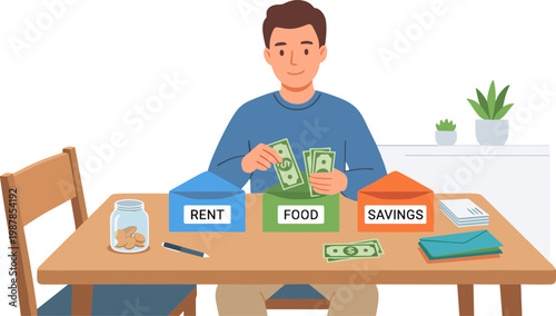 Man sitting at table organizing money into labeled boxes for rent, food, and savings