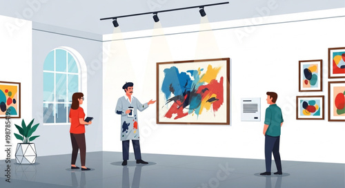 Art gallery exhibition with visitors and curator discussing paintings.