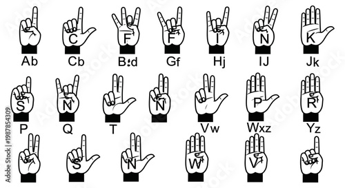 Hand gestures illustrating various letters for sign language communication chart designs