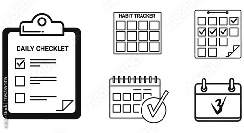 Set of black and white icons for daily task tracking