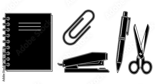 Collection of essential black and white stationary office supply icons