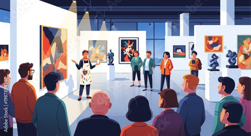 Art gallery exhibition with visitors and curator explaining paintings.