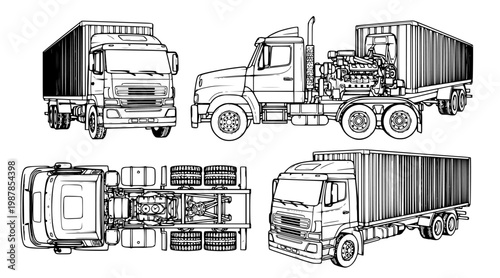 Detailed technical drawing of a heavy-duty freight transport truck from multiple perspectives, showcasing its engineering and design