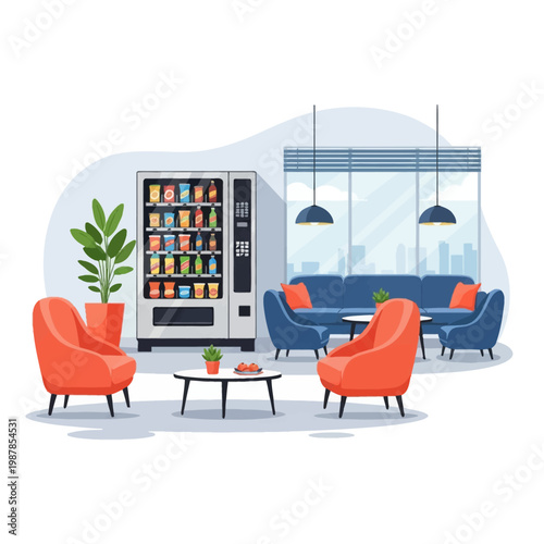 Flat vector illustration of a modern office break room with a snack vending machine, blue upholstered sofa, orange armchairs, coffee tables, and large windows overlooking a city.