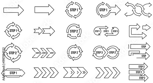 Various arrows and process steps for business flow chart design projects