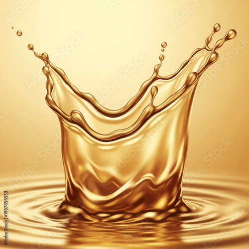 Close-up of a dynamic golden liquid splash forming a crown shape on a reflective surface with concentric ripples and airborne droplets against a warm amber gradient background.