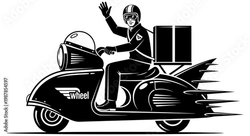 Fast food delivery driver riding a retro scooter while waving hello