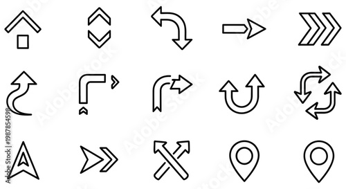 Set of black and white directional arrow icons and markers