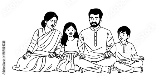 A happy Indian family of four, comprising parents and two children, are sitting together cross-legged, depicted in a line art illustration